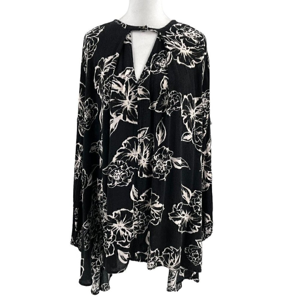 Free People Floral Swing Tunic Mini Dress Pockets Black White Boho sz Small